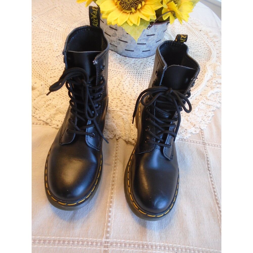 Dr. Martens Black Leather Combat Boots with Yellow Stitching